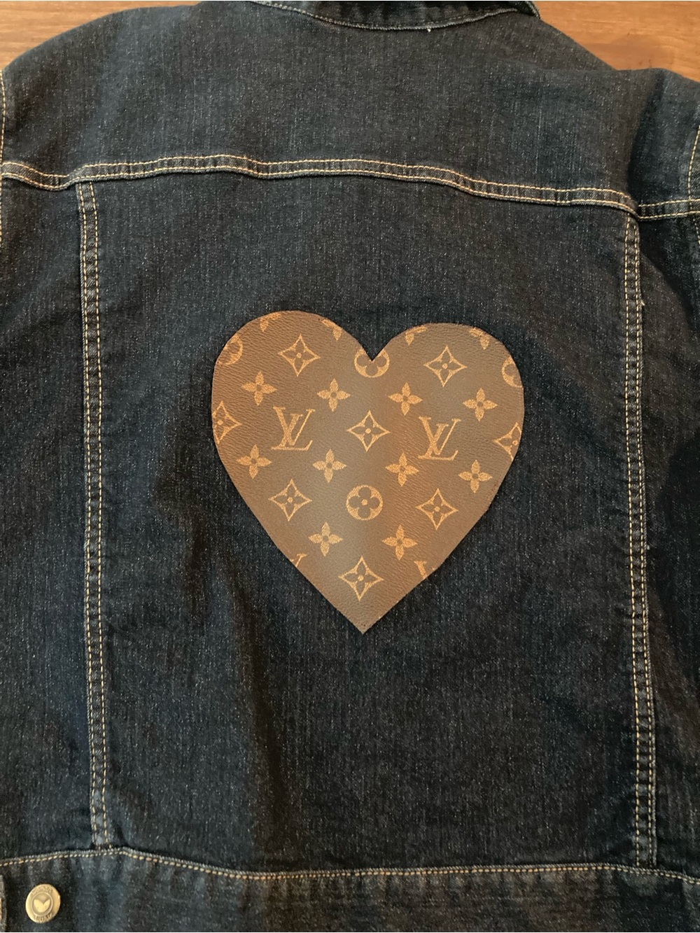 Designer inspired Woman Within Dark Blue Denim Jacket with Heart Patch